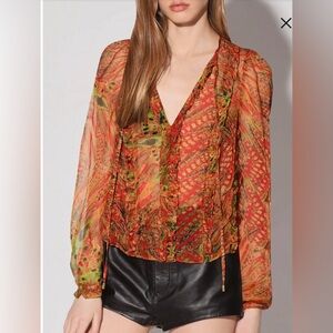 Walter Baker Red And Gold Sheer Blouse Women’s Size Small Ruffles Tie Neck